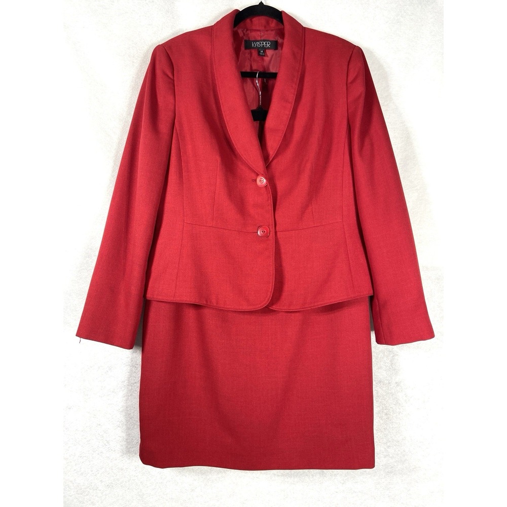 Kasper 2PC Skirt Suit Women's 14 Red Blazer Buttons Long Sleeves Church Career